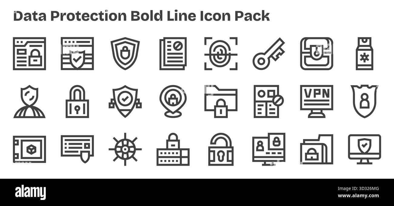 24 icone progettate in modo professionale in stile grassetto, che catturano l'essenza della protezione dei dati per la progettazione dell'interfaccia utente. Illustrazione Vettoriale