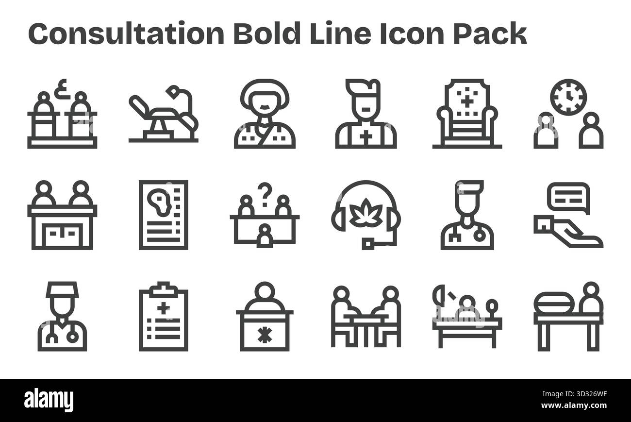Raccolta di 18 icone vettoriali in stile Bold Line per la consultazione, progettate per chiarezza e versatilità. Illustrazione Vettoriale