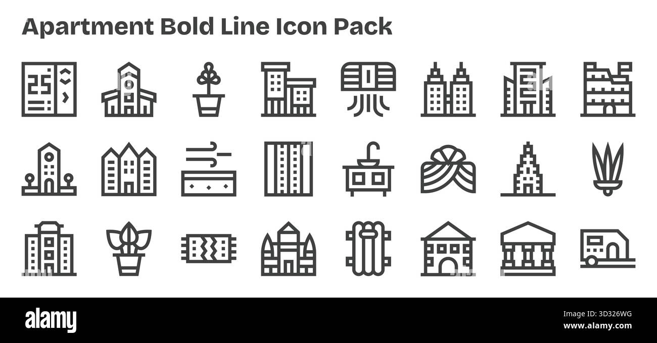 Questo pacchetto di icone appartamento include 24 vettori Bold Outline, perfetti per migliorare le interfacce digitali. Illustrazione Vettoriale