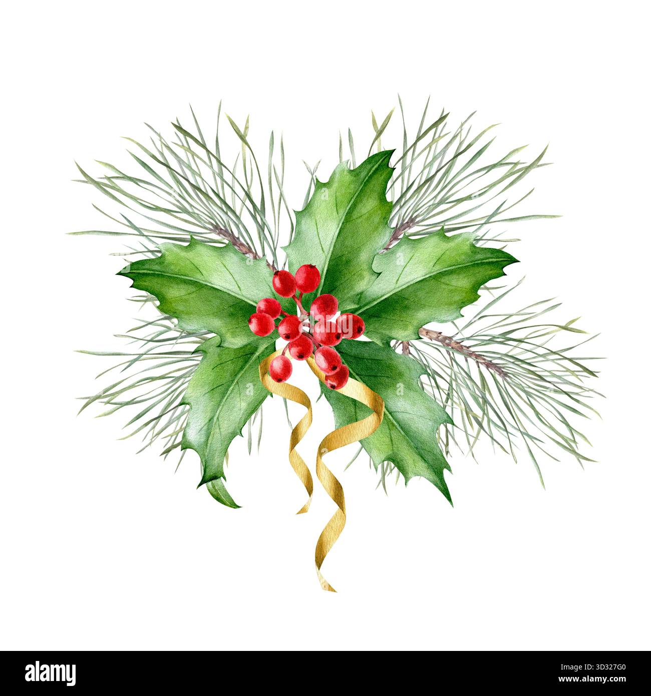 Una serie di ornamenti natalizi ad acquerello con abete, rami e bacche di agrifoglio. Elementi di progettazione. Foto Stock