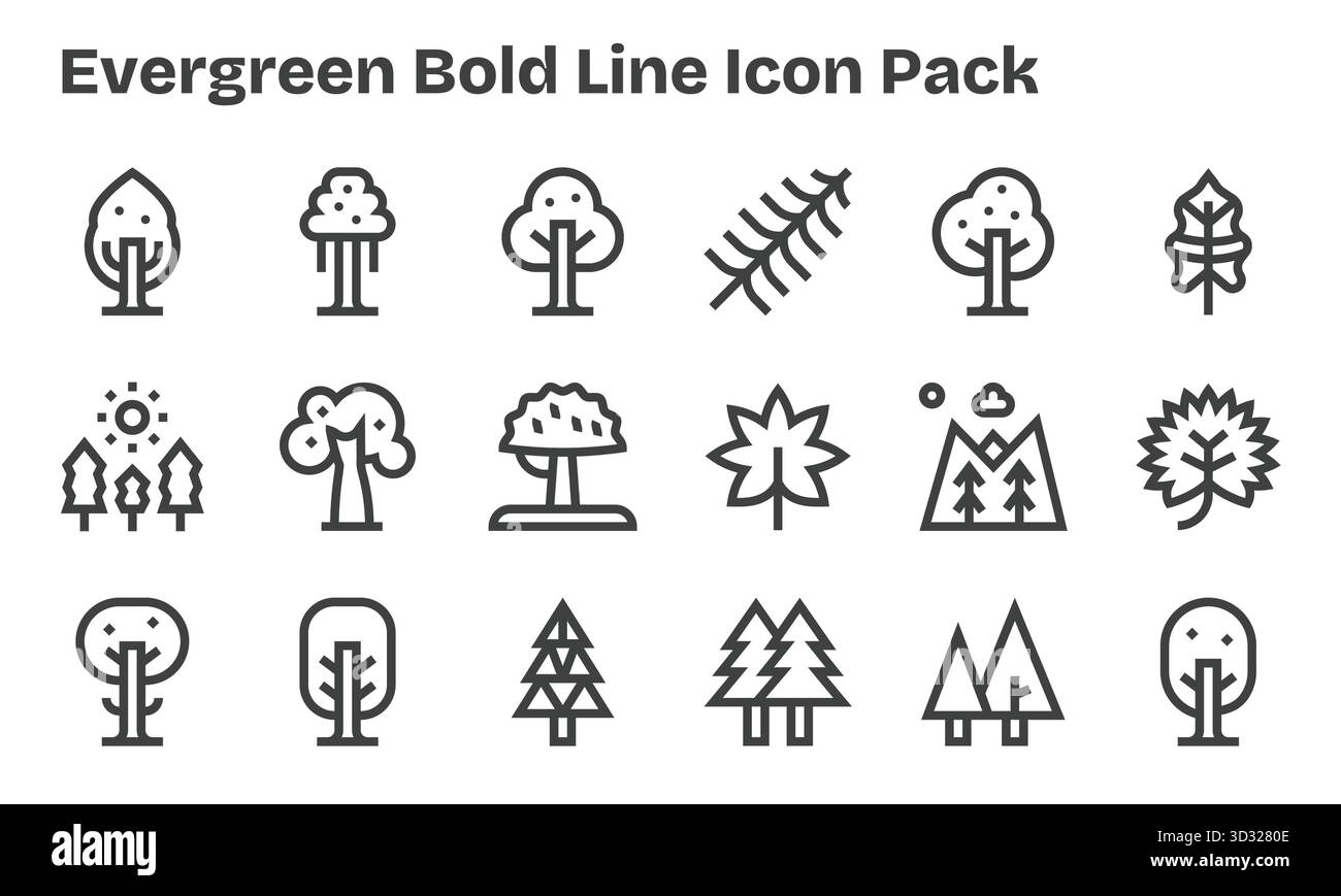 Un set versatile di 18 icone vettoriali Bold Line incentrate su Evergreen, ideale per applicazioni mobili e Web. Illustrazione Vettoriale