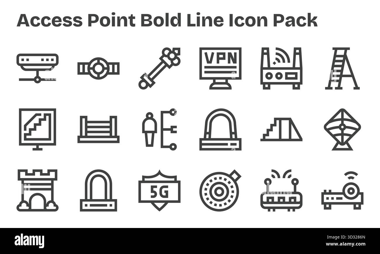 Questa collezione presenta 18 icone in stile Bold Line pensate per il tema degli access point, ideali per il design digitale. Illustrazione Vettoriale