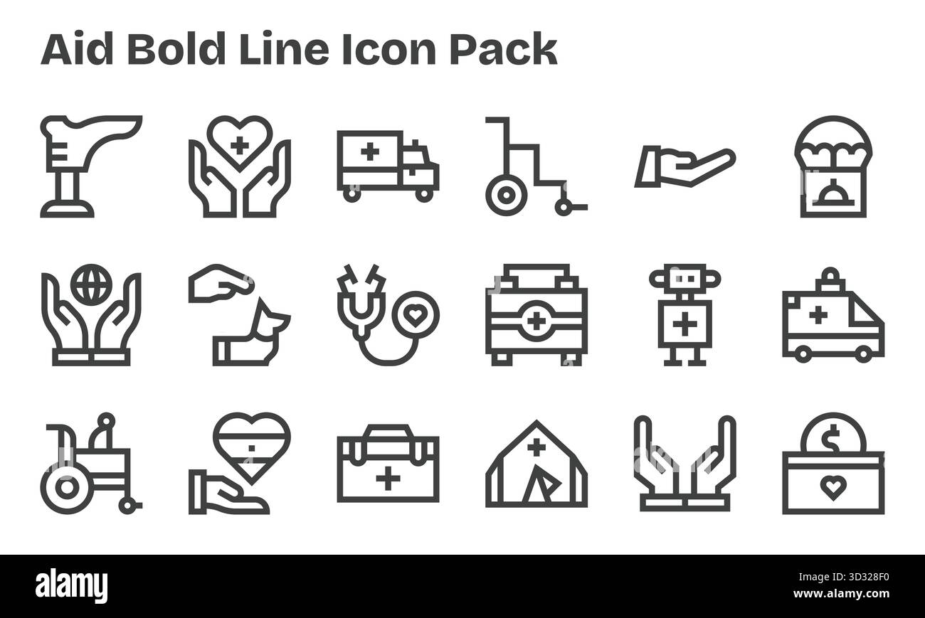 Set di 18 icone in stile Bold Line incentrate su Aid, create per un'integrazione perfetta in app e siti Web. Illustrazione Vettoriale