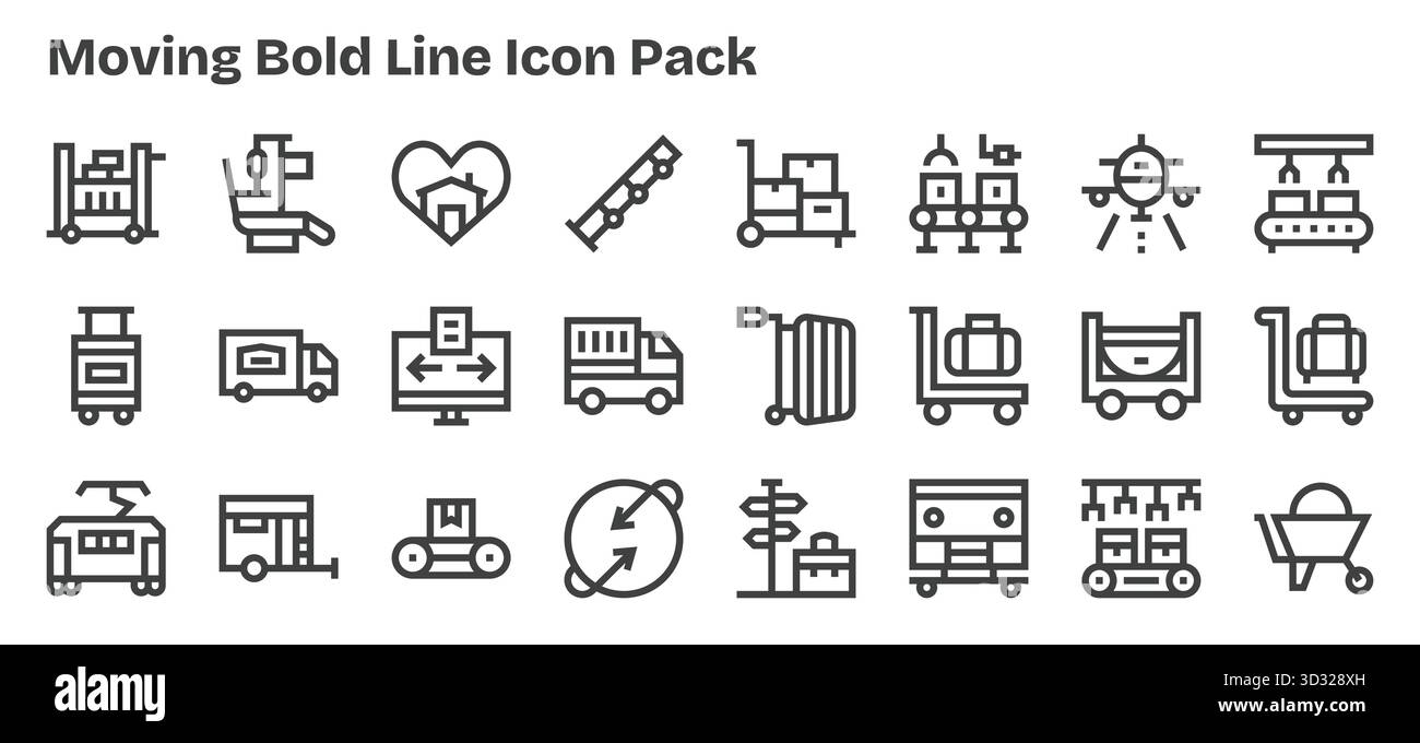 Collezione di 24 icone vettoriali in stile Bold Outline per il movimento, progettate per offrire chiarezza e versatilità. Illustrazione Vettoriale