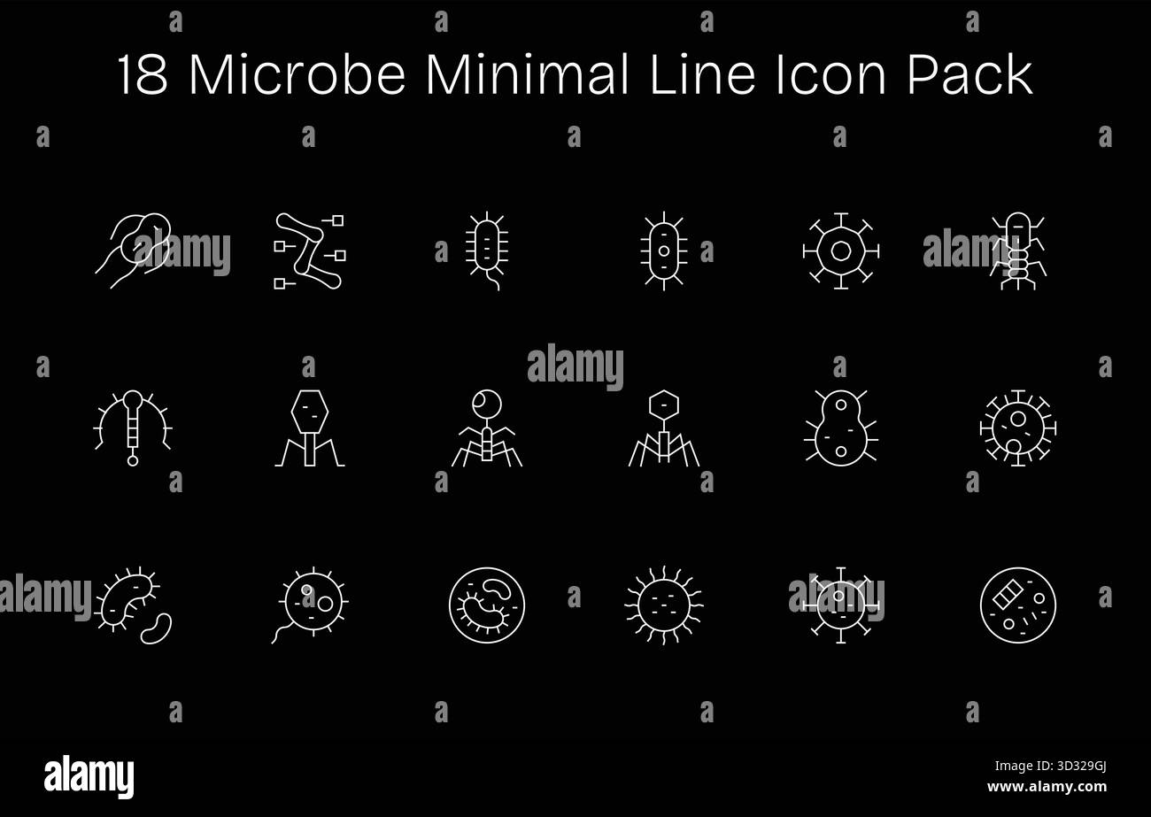 Scopri 18 icone vettoriali minimali ispirate a Microbe. Perfetto per interfacce Web e app. Illustrazione Vettoriale