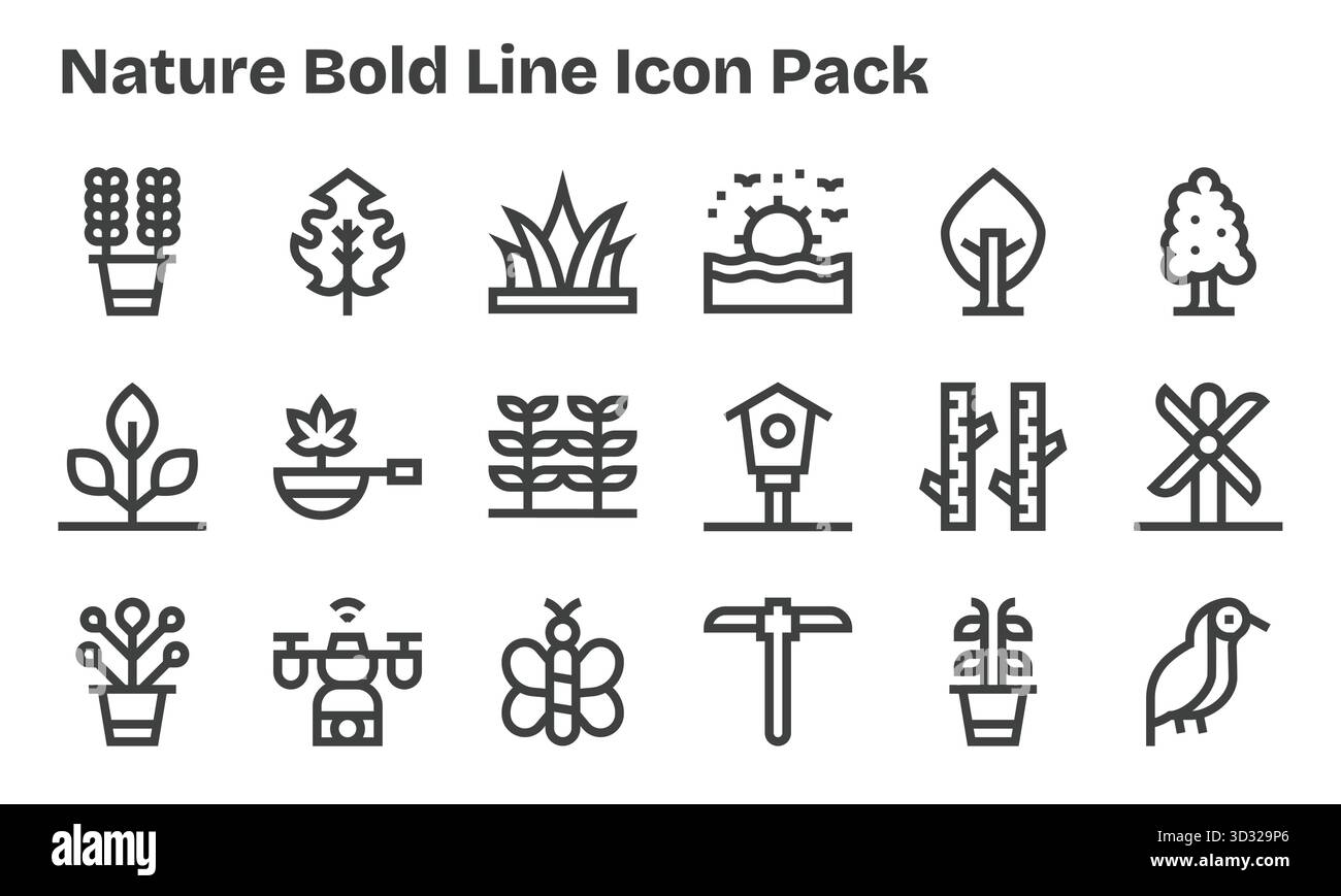 Scopri una serie di 18 icone Bold Line create per il tema Nature, ideali per i moderni progetti UI/UX. Illustrazione Vettoriale