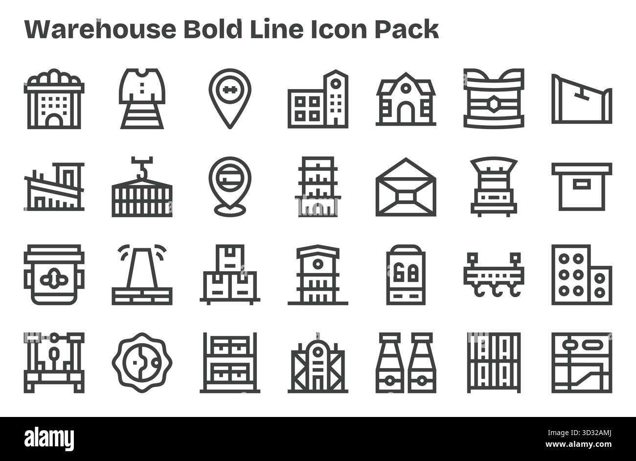 Questo set di 28 icone Extra Bold Line cattura i temi del magazzino, perfetto per le applicazioni tecnologiche e aziendali. Illustrazione Vettoriale
