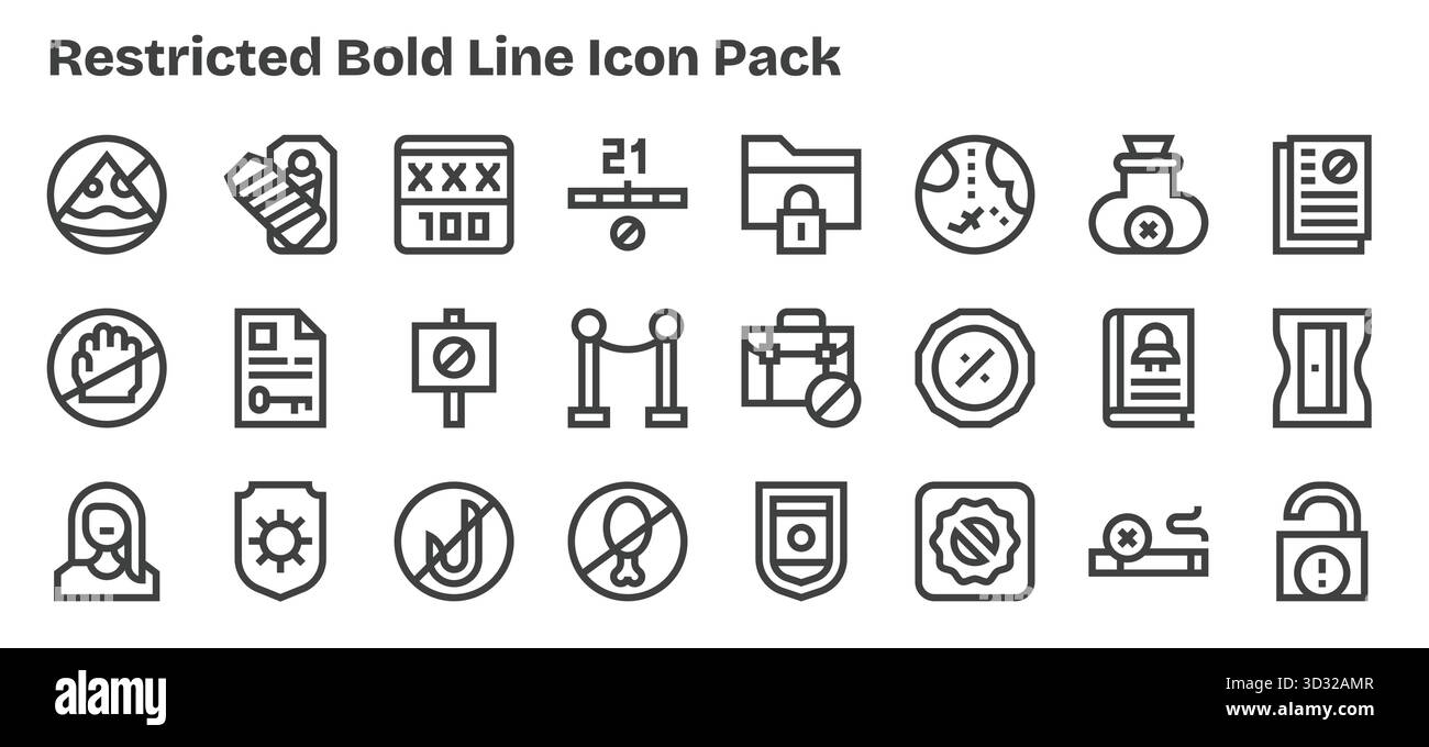 Un set versatile di 24 icone vettoriali Bold Outline incentrate su restrizioni, ideale per applicazioni mobili e Web. Illustrazione Vettoriale
