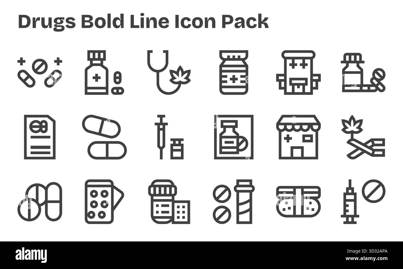 Scopri una serie di 18 icone Bold Line create per il tema farmaci, ideali per i moderni progetti UI/UX. Illustrazione Vettoriale