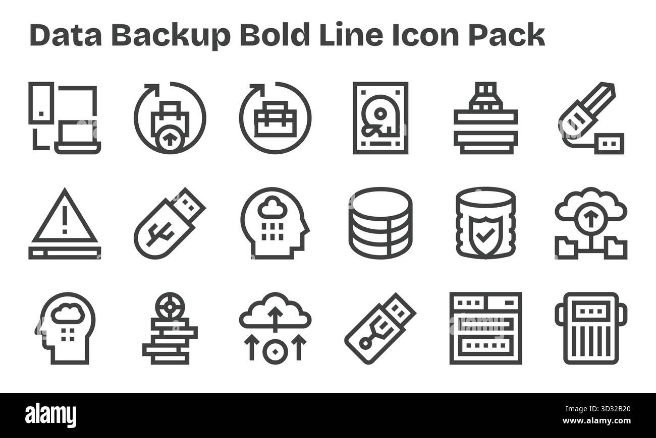 Scopri una serie di 18 icone Bold Line create per il tema Backup dei dati, ideali per i moderni progetti UI/UX. Illustrazione Vettoriale