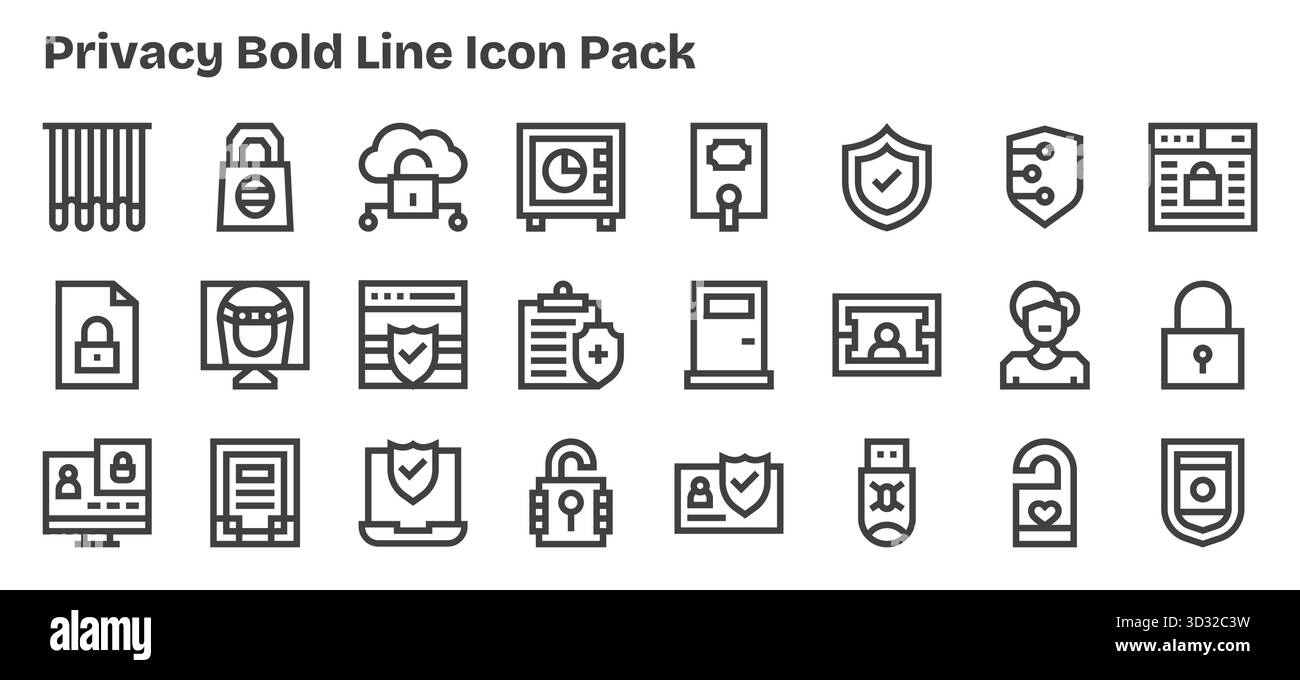 Scarica 24 icone scalabili in grassetto progettate per la privacy, adatte per progetti professionali e creativi. Illustrazione Vettoriale