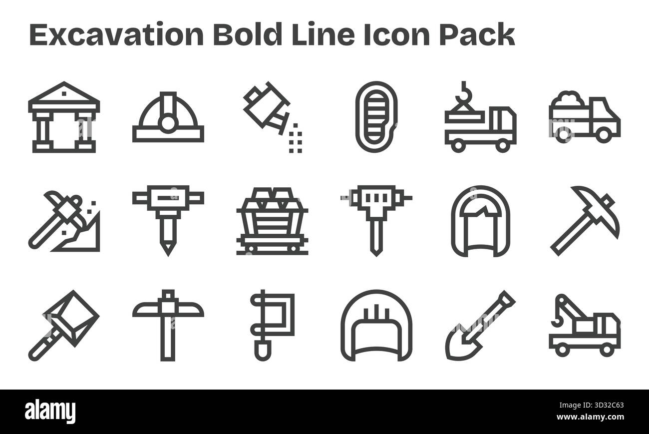 Un set dinamico di 18 icone in stile Bold Line, studiate per lo scavo e adatte per i prodotti digitali. Illustrazione Vettoriale