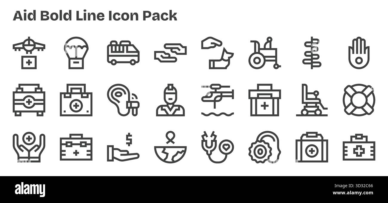 Una raccolta pulita di 24 icone Bold Outline che rappresentano Aid, progettate per dashboard e interfacce moderne. Illustrazione Vettoriale