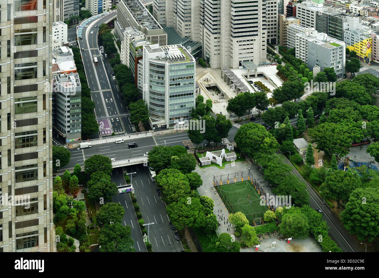 Vista aerea di Tokyo Street che mostra spazi verdi per il tempo libero per le persone nel centro della città. Giappone Foto Stock