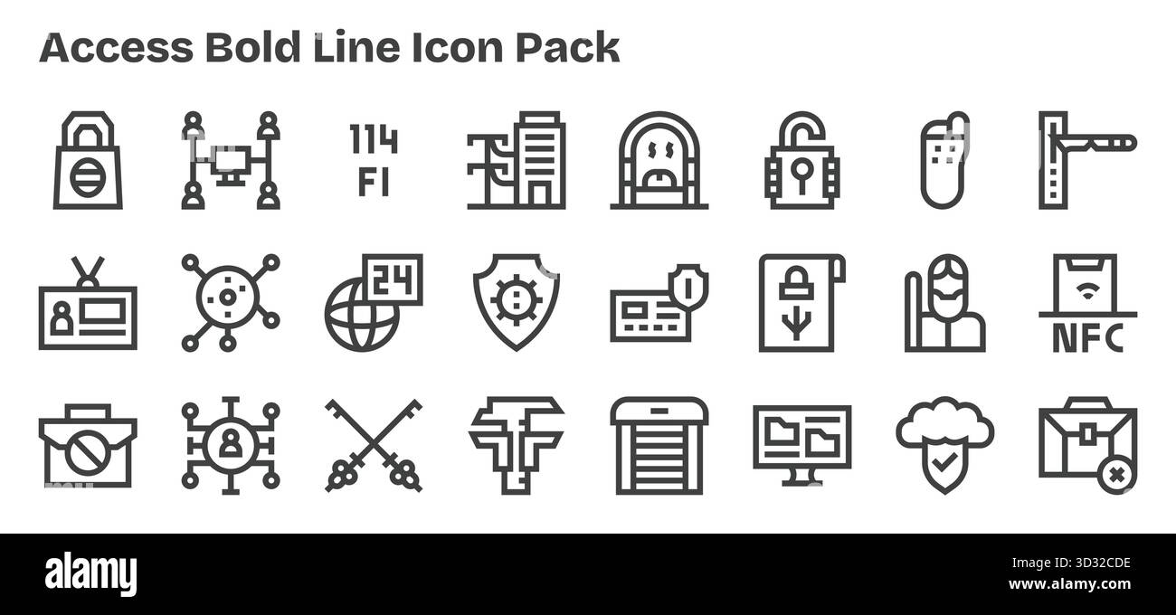 Un set versatile di 24 icone vettoriali Bold Outline incentrate sull'accesso, ideale per applicazioni mobili e Web. Illustrazione Vettoriale
