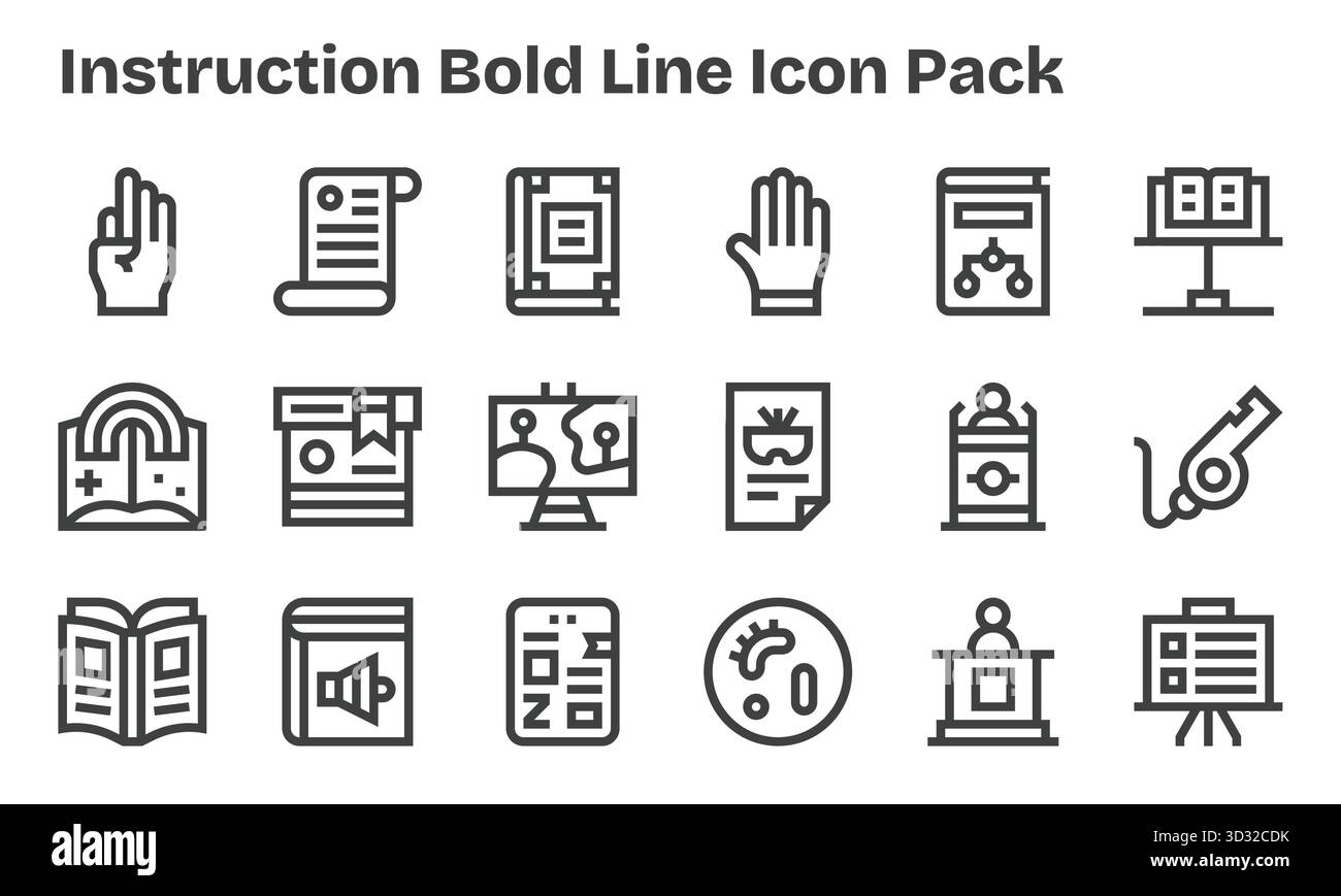 Questo pacchetto di icone di istruzioni include 18 vettori Bold Line, perfetti per migliorare le interfacce digitali. Illustrazione Vettoriale