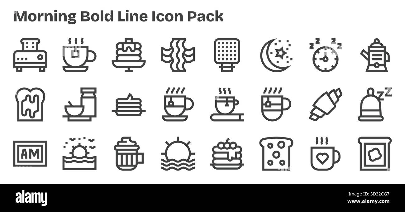 Confezione curata di 24 icone vettoriali nel design Bold Outline, incentrata sui concetti mattutini. Illustrazione Vettoriale