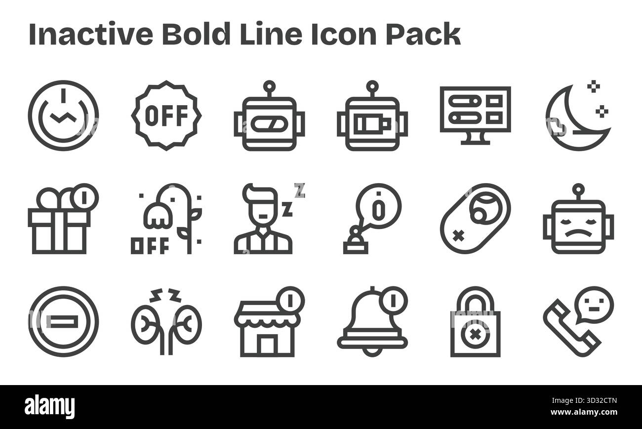 Questo pacchetto di icone inattive include 18 vettori Bold Line, perfetti per migliorare le interfacce digitali. Illustrazione Vettoriale