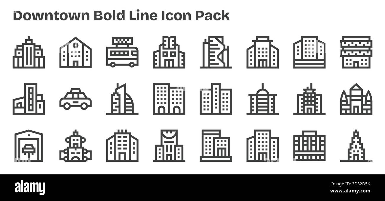 Un set versatile di 24 icone vettoriali Bold Outline incentrate su Downtown, ideale per applicazioni mobili e Web. Illustrazione Vettoriale