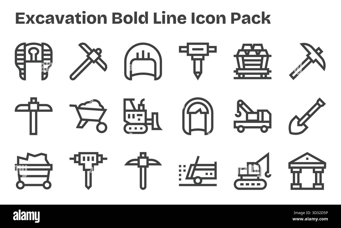 Migliora i tuoi progetti con 18 icone Bold Line incentrate sullo scavo, ideali per progetti puliti e professionali. Illustrazione Vettoriale