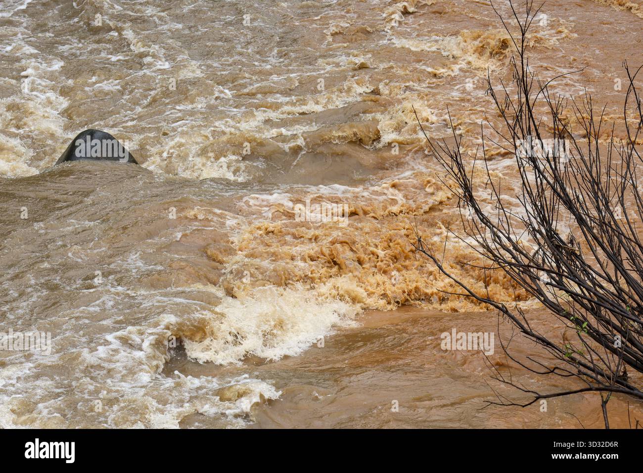 Pericolosa inondazione con acqua marrone fangosa che infuria durante le calamità naturali. la potente corrente del fiume trabocca la sua sponda, mostrando una forza distruttiva di natu Foto Stock