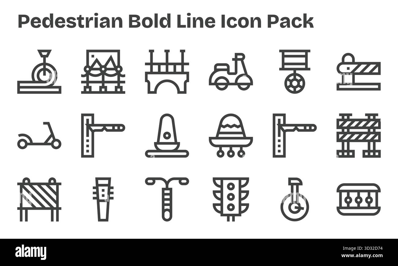 Set di 18 icone in stile Bold Line ispirate a Pedestrian, create per un'integrazione perfetta in app e siti Web. Illustrazione Vettoriale