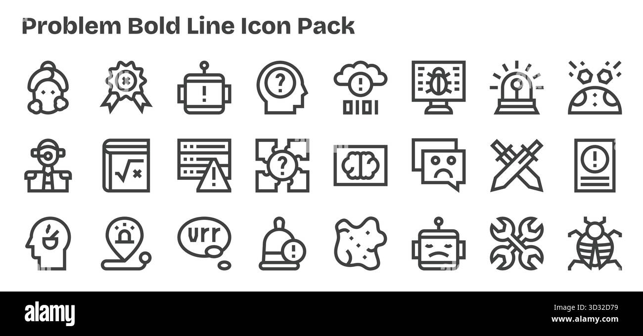 Set di 24 icone in grassetto ispirate al problema, create per un'integrazione perfetta in app e siti Web. Illustrazione Vettoriale