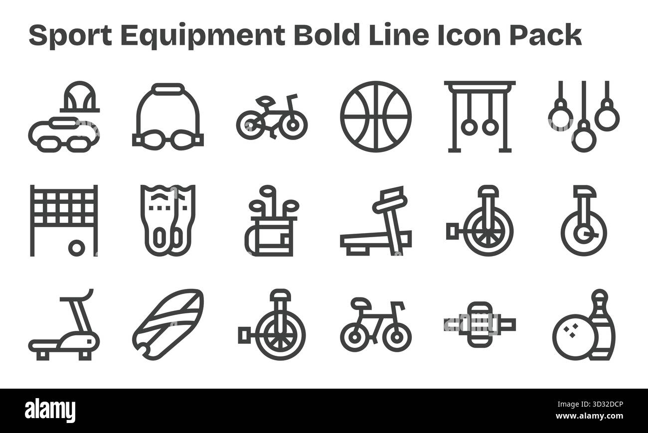 Esplora le 18 icone vettoriali in stile Bold Line ispirate alle attrezzature sportive. Perfetto per interfacce Web e app. Illustrazione Vettoriale