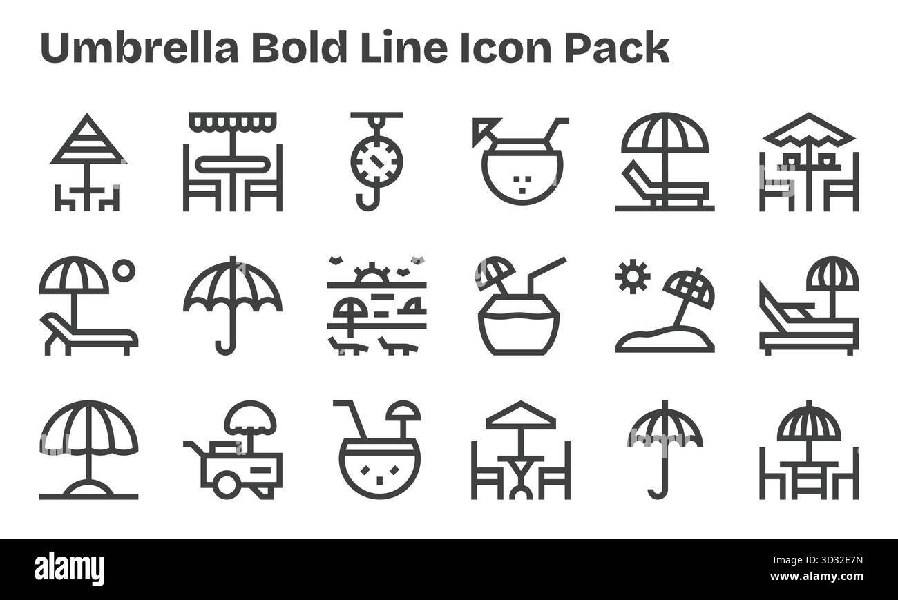 Set di 18 icone in stile Bold Line ispirate a Umbrella, create per un'integrazione perfetta in app e siti Web. Illustrazione Vettoriale