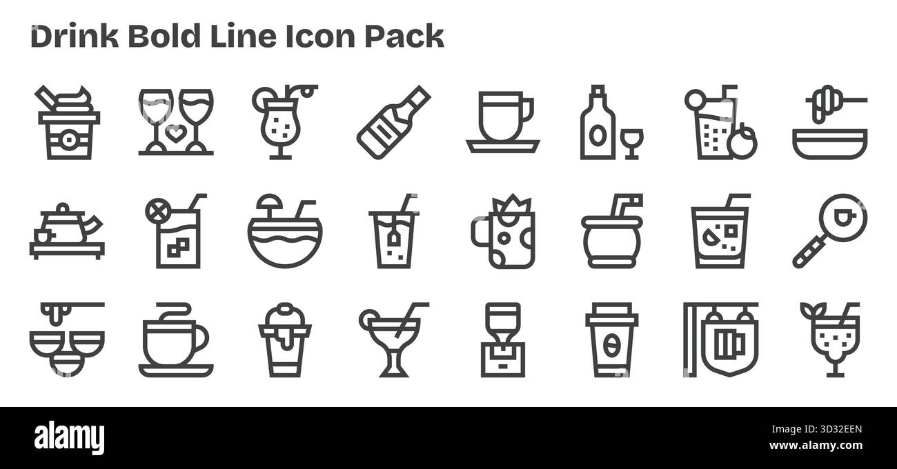 Set di 24 icone in grassetto ispirate alle bevande, create per un'integrazione perfetta in app e siti Web. Illustrazione Vettoriale