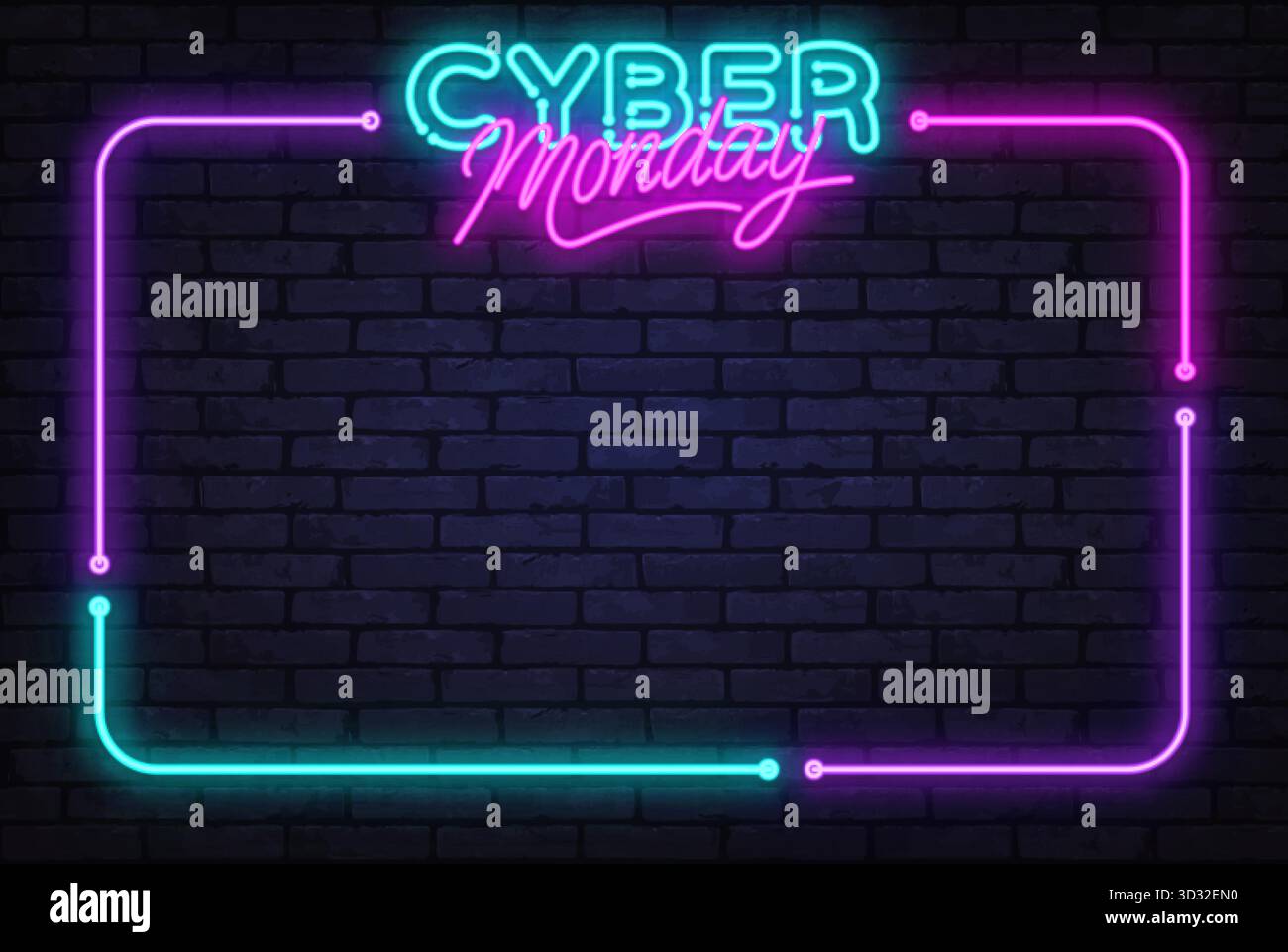 Brillante titolo al neon Cyber Monday con bordo luminoso colorato che lascia spazio per testo promozionale o offerte scontate. Illustrazione vettoriale Illustrazione Vettoriale