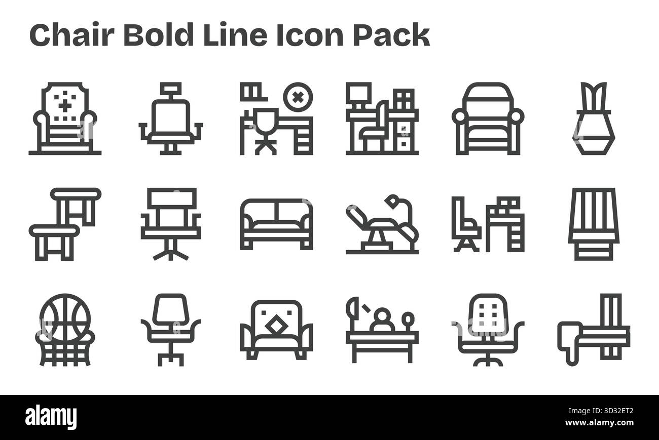 Scopri un set di 18 icone Bold Line create per il tema sedia, ideali per progetti UI/UX moderni. Illustrazione Vettoriale