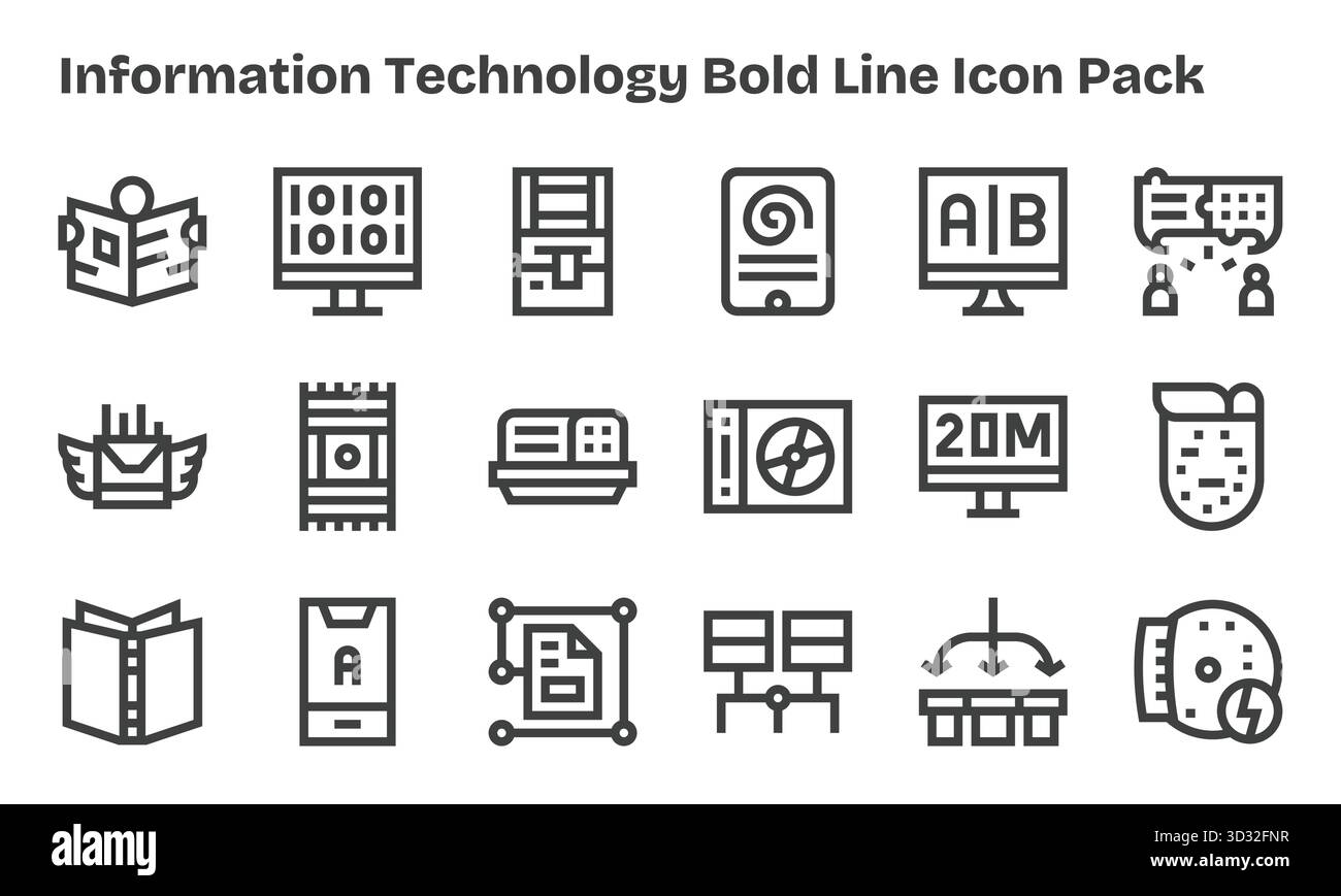 Scarica 18 icone Bold Line scalabili progettate per l'Information Technology, adatte per progetti professionali e creativi. Illustrazione Vettoriale