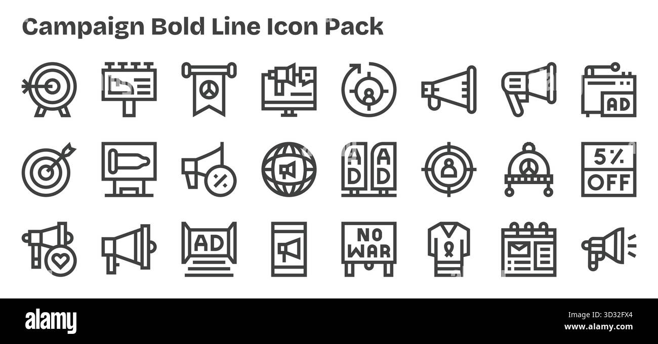 Pacchetto vettoriale con 24 icone Bold Outline ispirate alla campagna, ideale per lavori di progettazione scalabili e creativi. Illustrazione Vettoriale