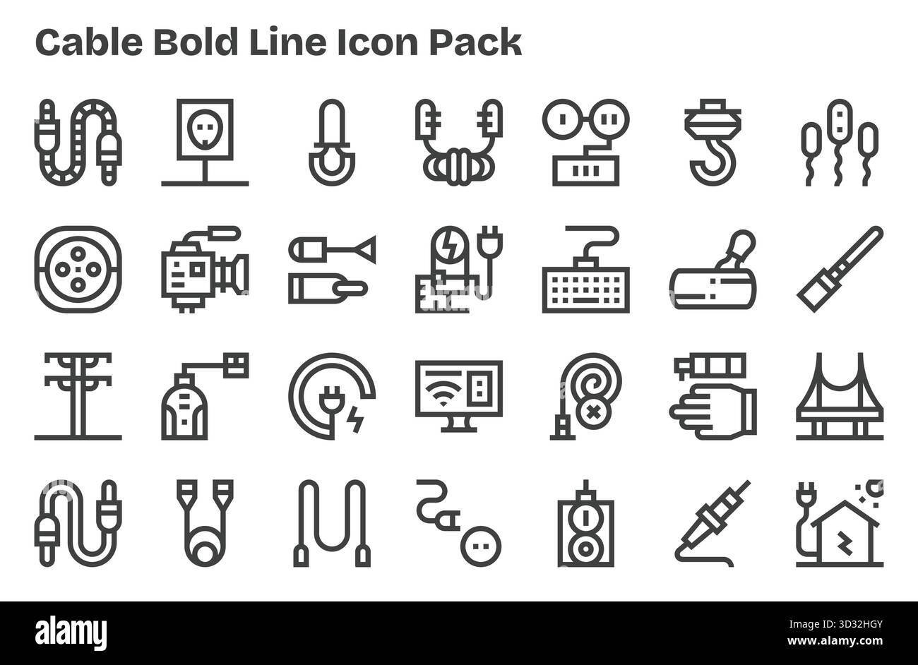 Questo set di 28 icone Extra Bold Line cattura i temi dei cavi, perfetti per applicazioni tecnologiche e aziendali. Illustrazione Vettoriale
