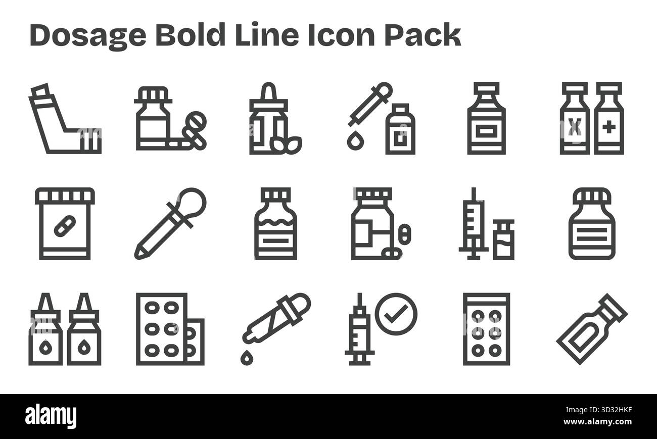 Scopri un set di 18 icone Bold Line create per il tema del dosaggio, ideali per i moderni progetti UI/UX. Illustrazione Vettoriale