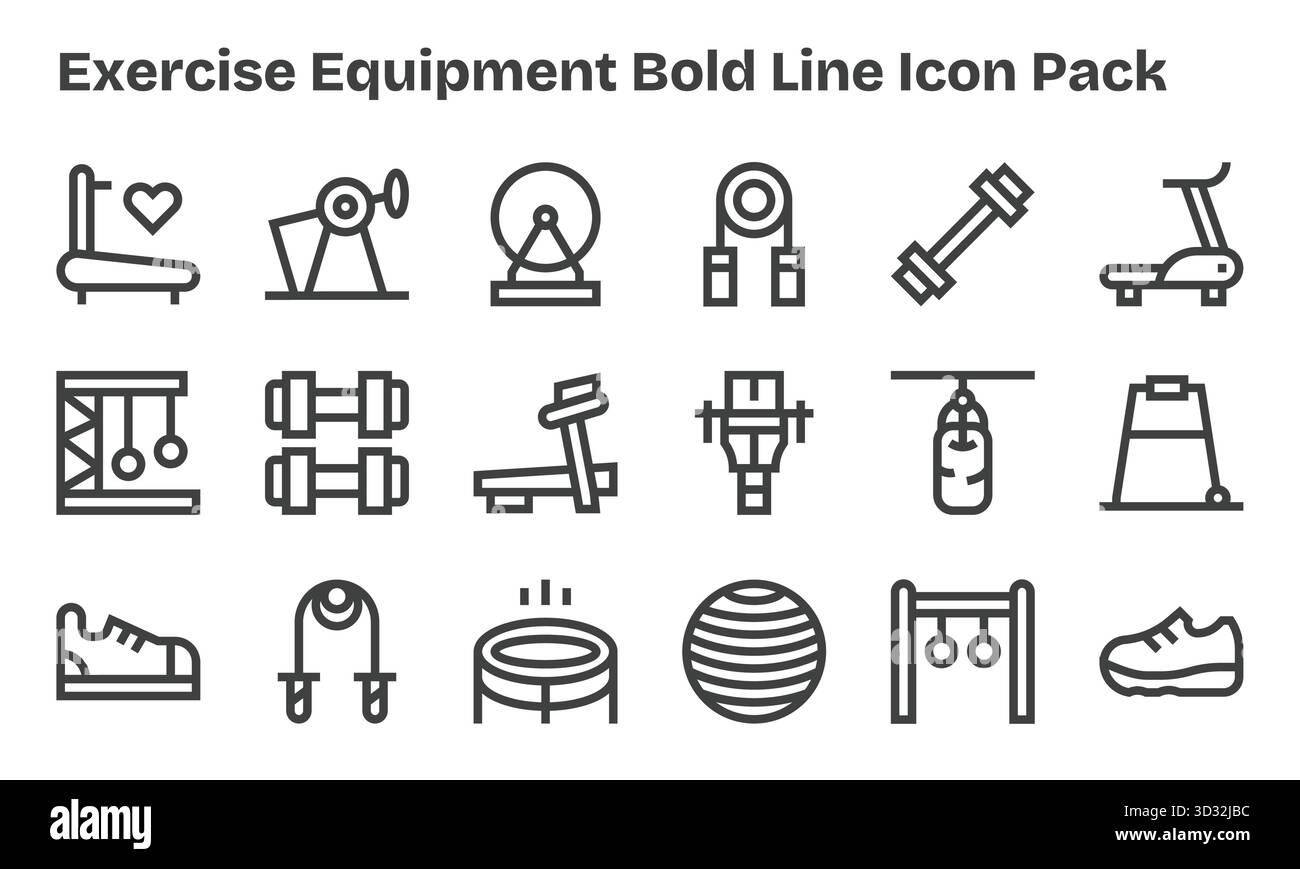 Scopri una serie di 18 icone Bold Line create per il tema delle attrezzature per esercizi, ideali per progetti UI/UX moderni. Illustrazione Vettoriale
