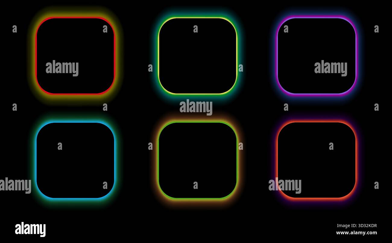 Cornici nere quadrate con angoli arrotondati e pannello LED multicolore. Effetto bagliore al neon. Vettore 3D su sfondo nero. Illustrazione Vettoriale
