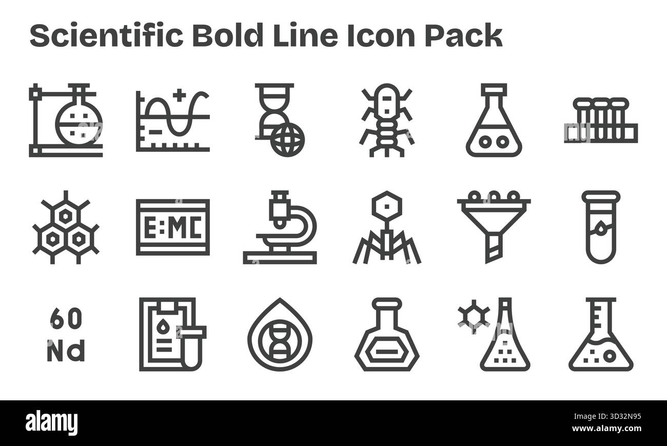 Scopri un set di 18 icone Bold Line create per il tema scientifico, ideali per i moderni progetti UI/UX. Illustrazione Vettoriale