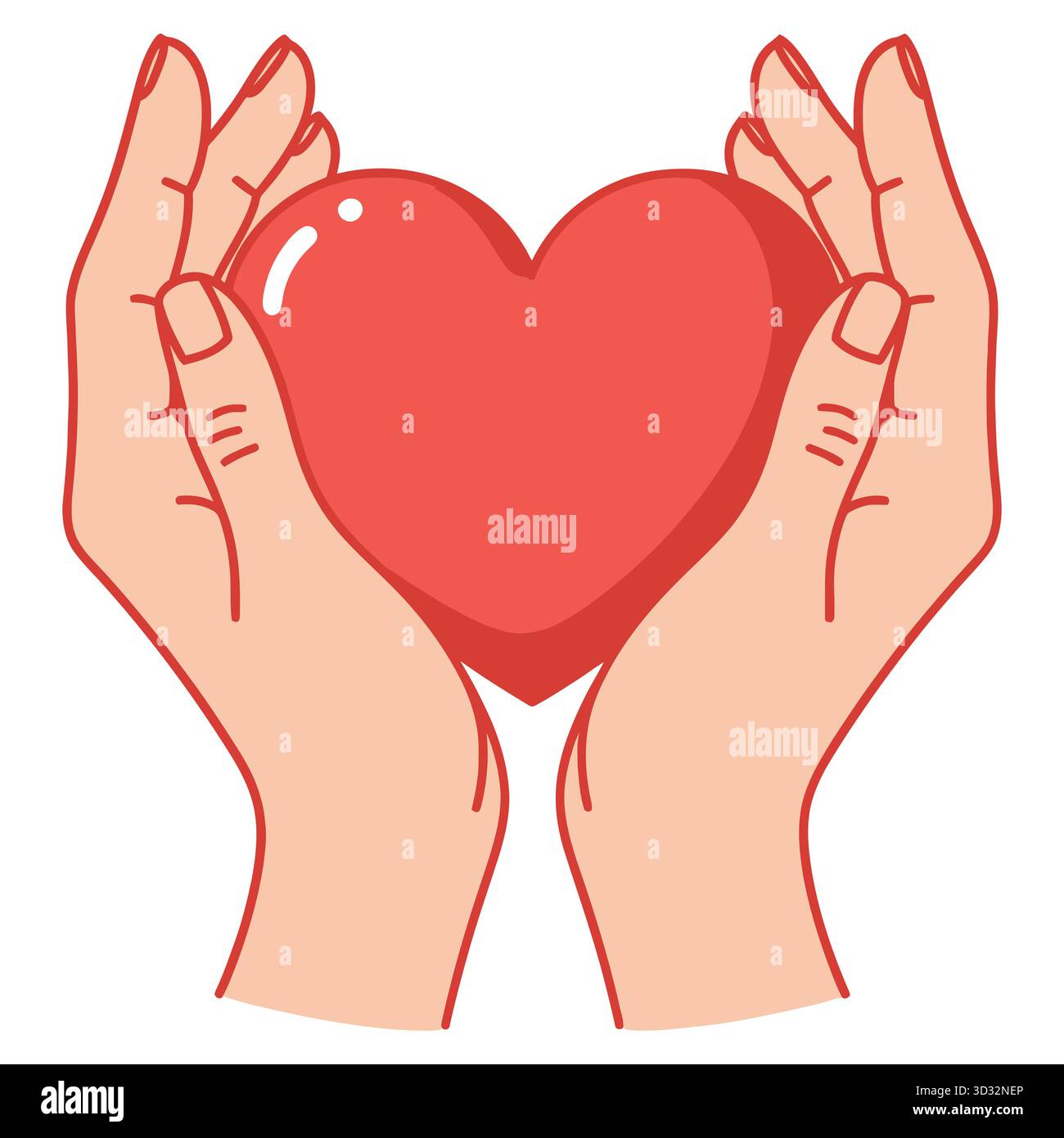 Illustrazione vettoriale di due mani che tengono delicatamente in mano un simbolo di amore e cura del cuore rosso Illustrazione Vettoriale