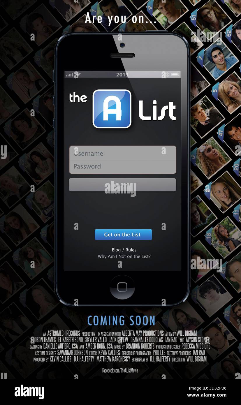 The A List (2015) diretto da Will Bigham e interpretato da Halston Sage, Alyson Stoner e Jacob Zachar. Dopo essere stato erroneamente accusato di un crimine, una scuola superiore emarginata complotta per vendicarsi degli studenti popolari della sua scuola. USA SOLO PER USO EDITORIALE DI un foglio di poster. Credito: BFA / Gravitas Ventures Foto Stock