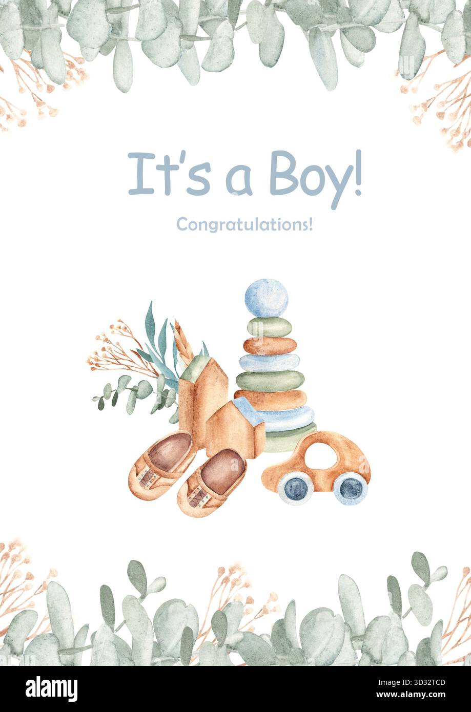 Invito a una baby shower acquerello per un bambino con giocattoli in legno, scarpe e verde. Modello di carta disegnato a mano. Ideale per i neonati o i neonati Foto Stock