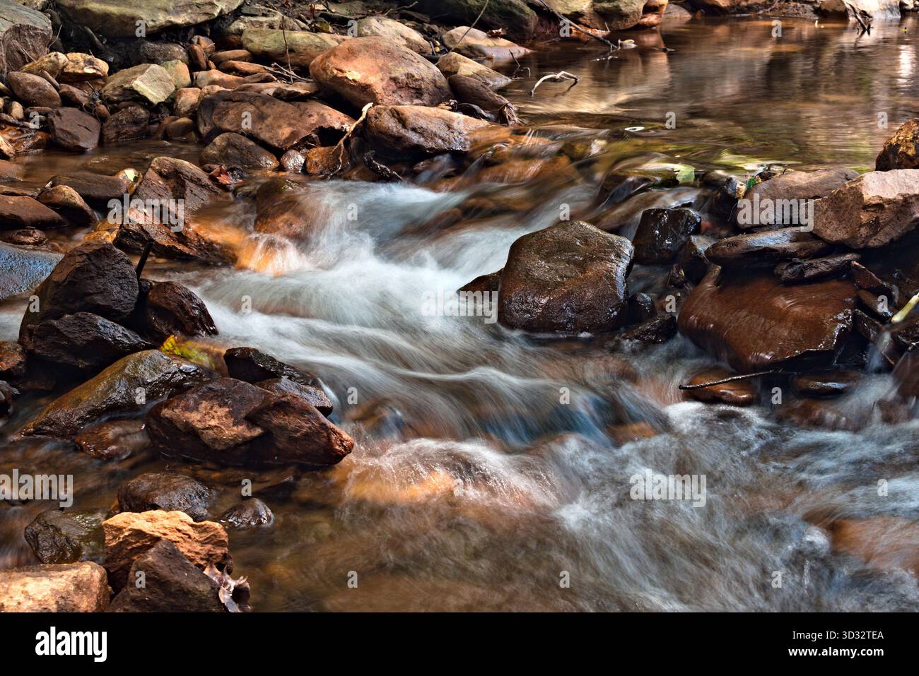 Un piccolo torrente di montagna scorre dolcemente su un letto di rocce di fiume. Foto Stock