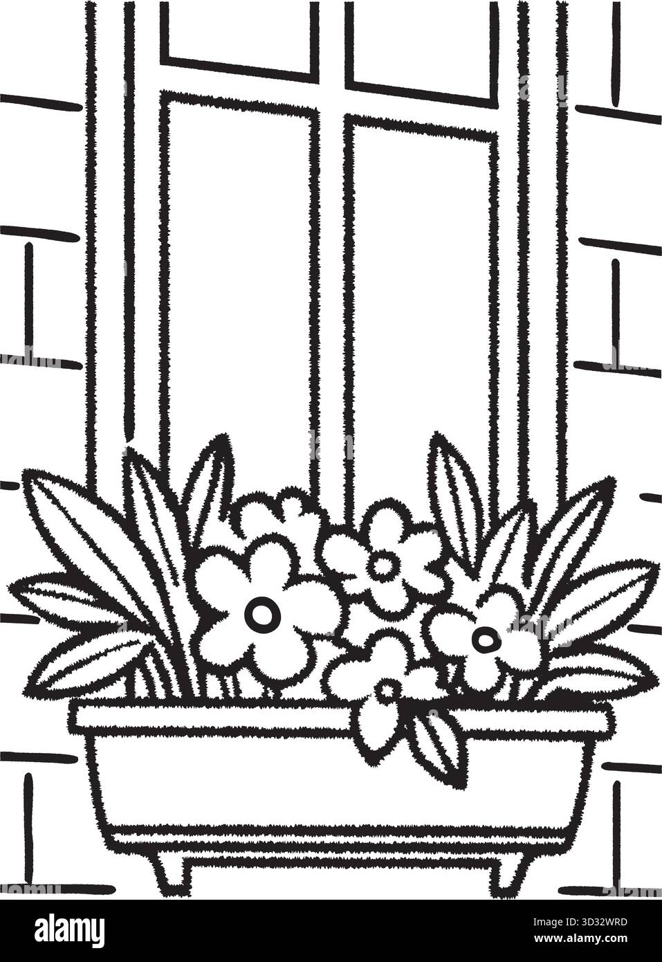 Un telaio finestra in mattoni trabocca una piantatrice con verdi e fiori verdeggianti Illustrazione Vettoriale
