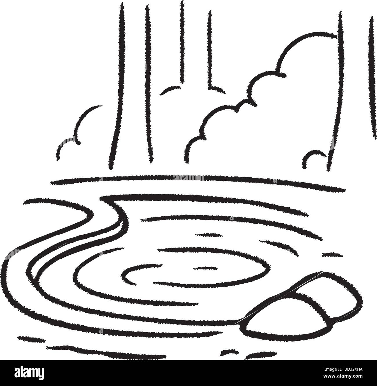 Una piccola piscina d'acqua si trova tra alberi e pietre che evocano un tranquillo paesaggio forestale Illustrazione Vettoriale