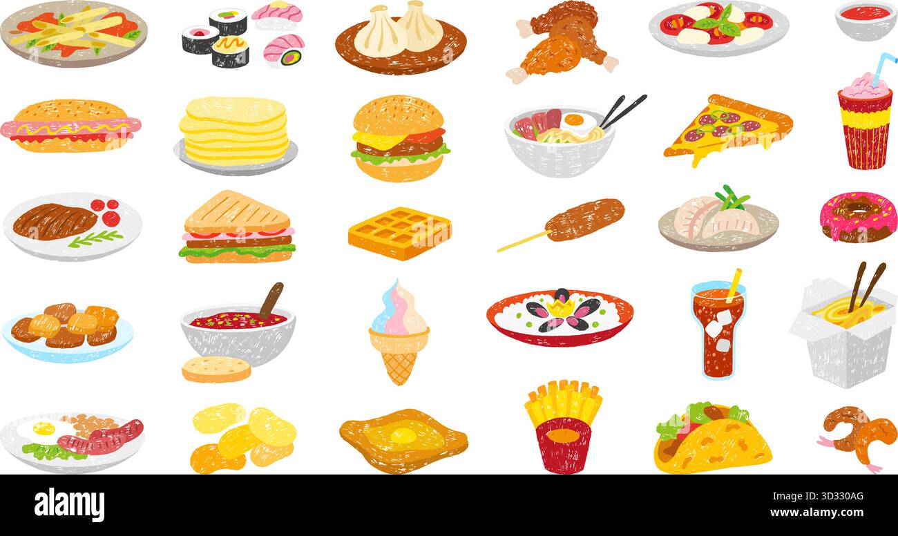 Cibo disegnato a mano. Piatti da asporto, cibo delizioso per la casa in strada. Icone in stile gesso: Pizza, frutti di mare, gnocchi di riso, pancake, uova, set vettoriale neoterico o. Illustrazione Vettoriale