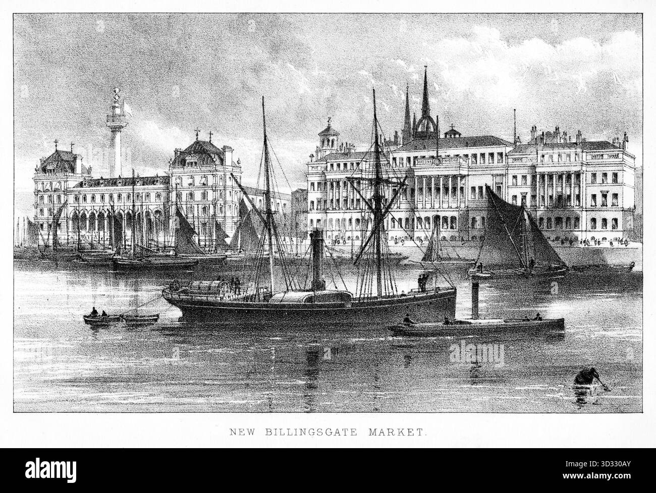 Un'incisione del XIX secolo del New Billingsgate Market progettata dall'architetto cittadino Sir Horace Jones e costruita da John Mowlem, tra il 1874 e il 1877 Foto Stock