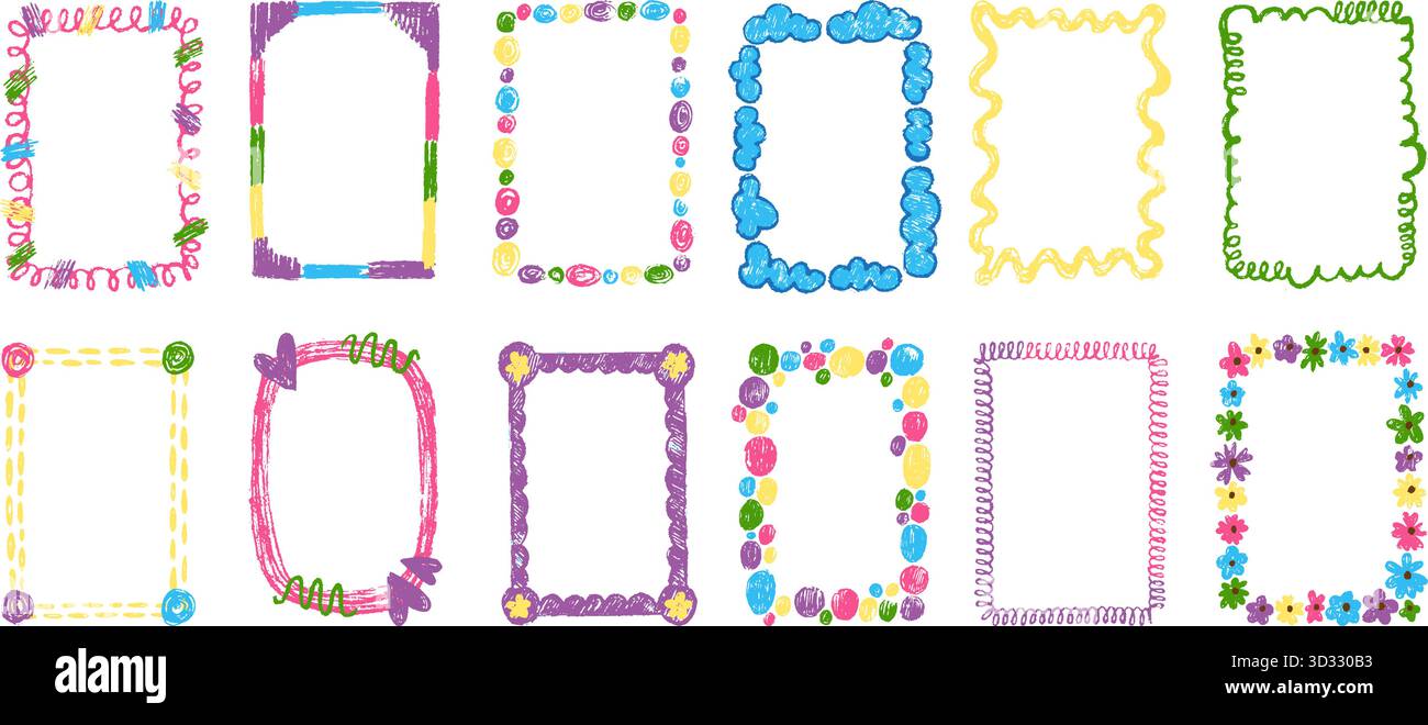 Cornici per bambini disegnate su pastelli. Gesso astratto che disegna una cornice vuota vibrante. Doodle Kids Photos disegna con scarabocchi, cuori, fiori, vettori neoterici Illustrazione Vettoriale