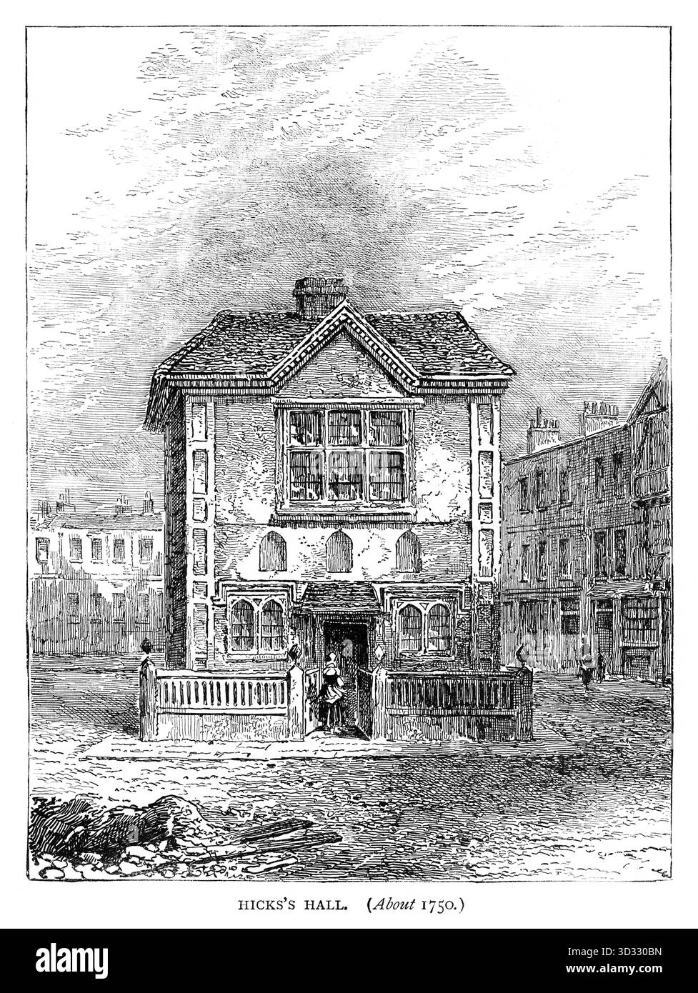 Un'incisione del XIX secolo dell'esterno dell'originale Hicks' Hall intorno al 1750. La sala fu costruita nel 1612 da Sir Baptist Hicks. Ad un certo punto negli anni '1780, la Hicks's Hall fu demolita. Foto Stock