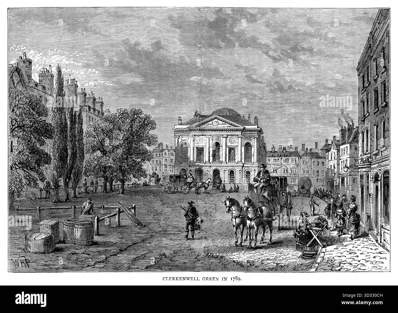 Un'incisione del XIX secolo di Clerkenwell Green come sembrava intorno al 1789. Clerkenwell Green era dominata dalla Middlesex Sessions House, costruita in quell'anno. e servì come corte dei magistrati della contea. Foto Stock